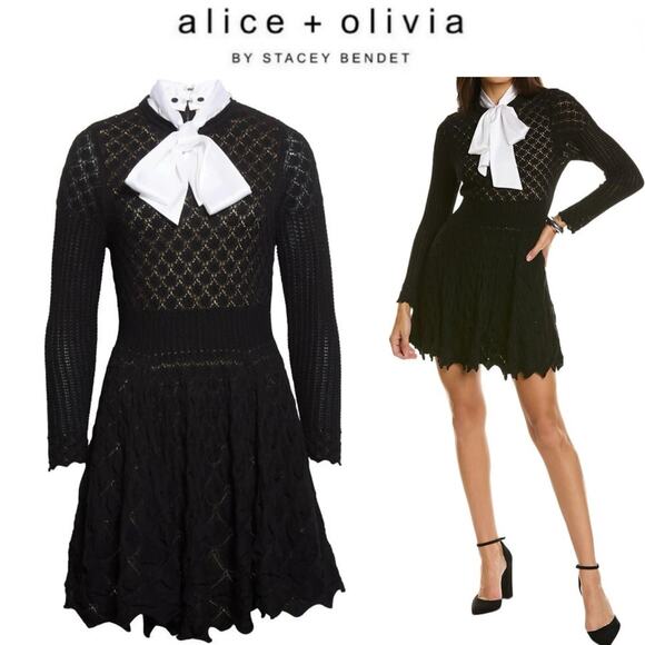 ALICE + OLIVIA Gin Pointelle Lace Wool Blend Mini Black Dress Size medium - Picture 2 of 16